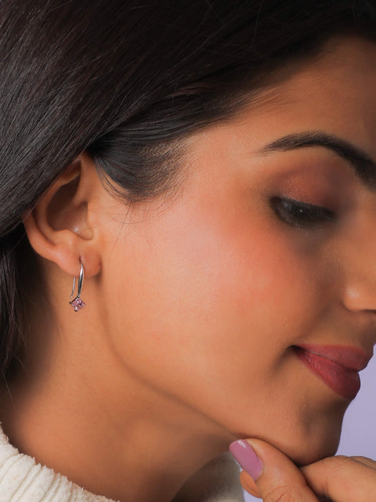 Silver Baby Pink Square Earrings