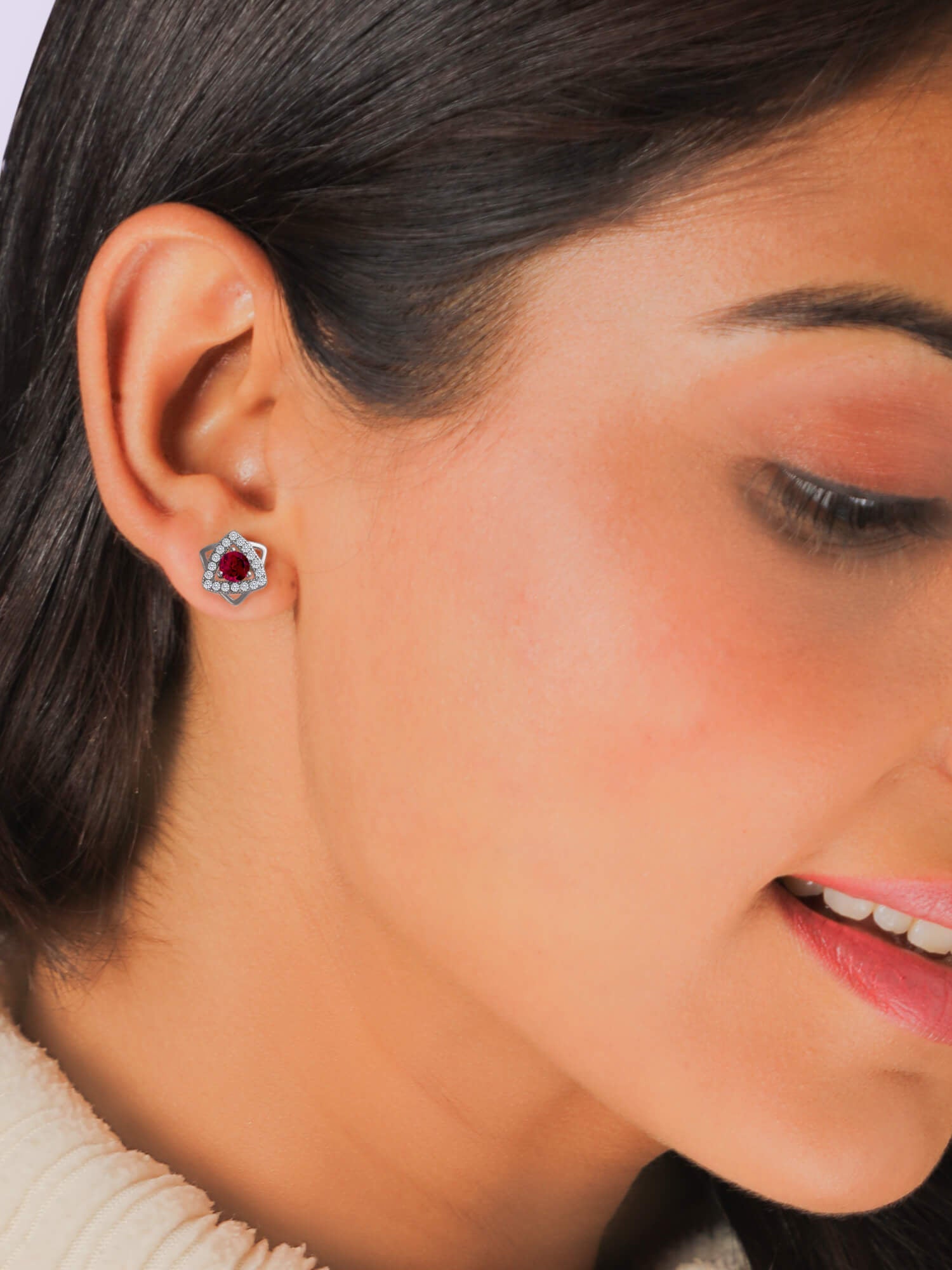 Silver Ruby Red Star Earrings