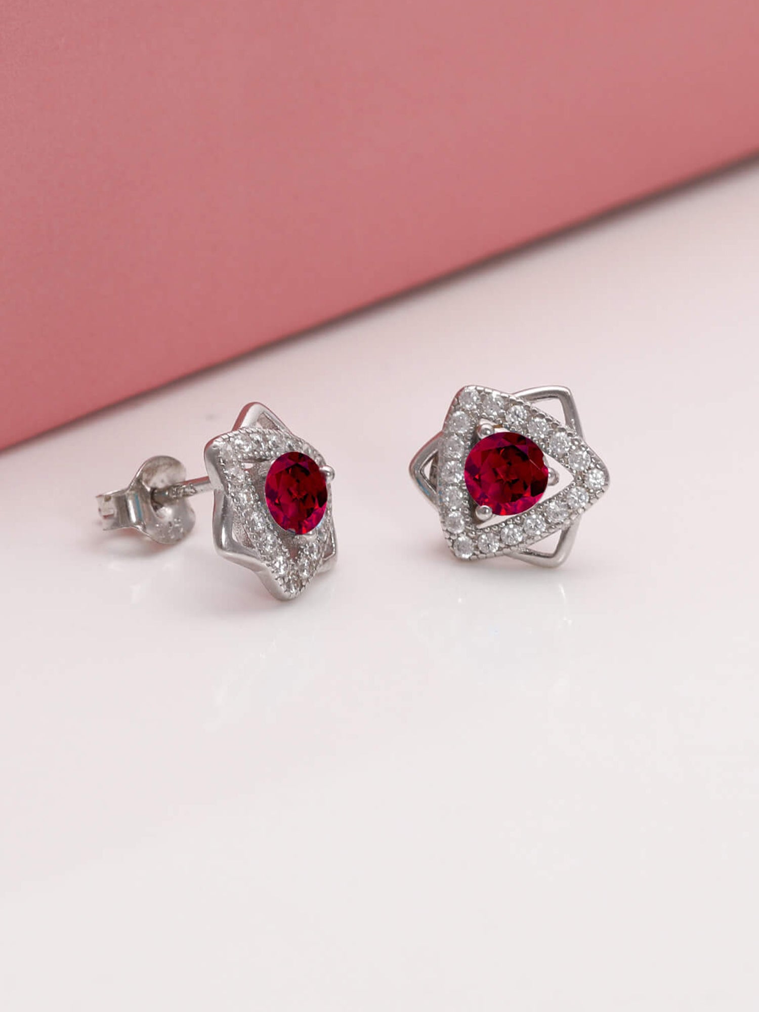 Silver Ruby Red Star Earrings