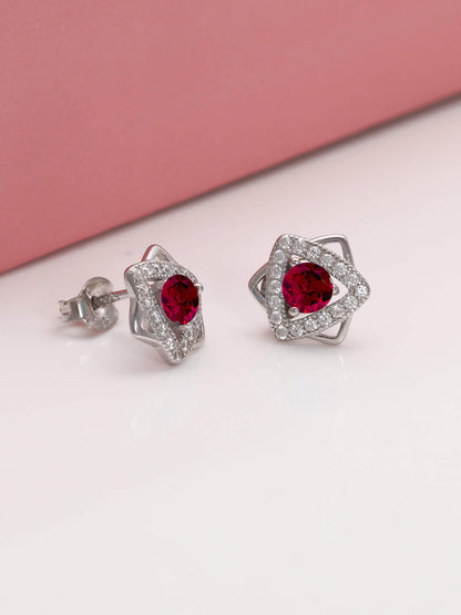 Silver Ruby Red Star Earrings