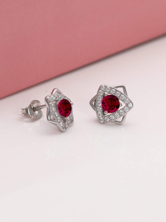 Silver Ruby Red Star Earrings