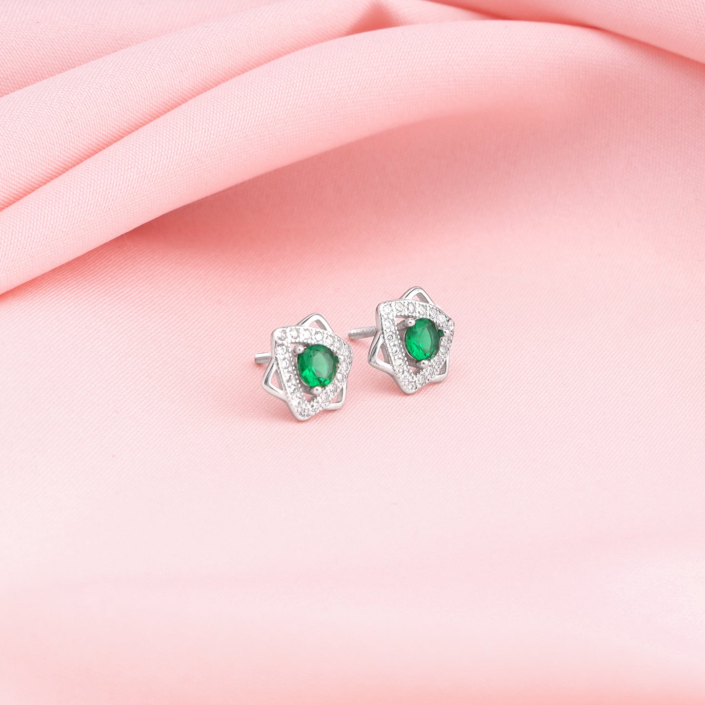 Silver Emerald Green Star Earrings