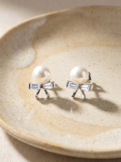 Silver Pearl Bownot Stud Earrings