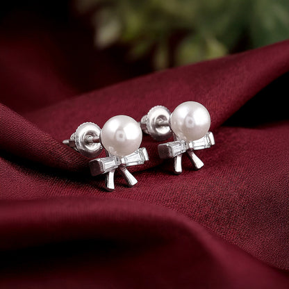 Silver Pearl Bownot Stud Earrings