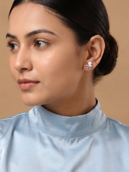 Silver Pearl Bownot Stud Earrings