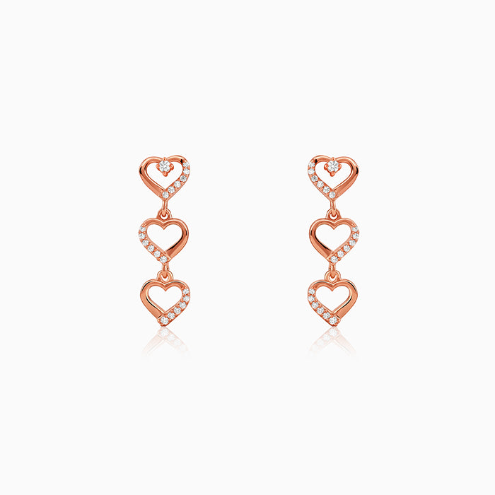Rose Gold Triple Heart Dangler Earrings