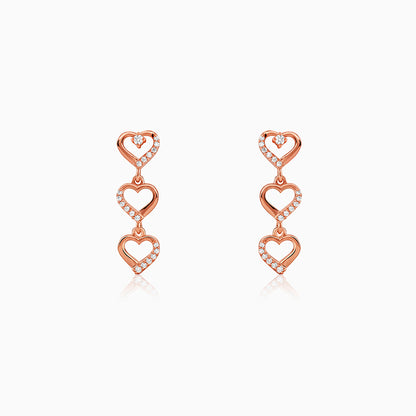 Rose Gold Triple Heart Dangler Earrings