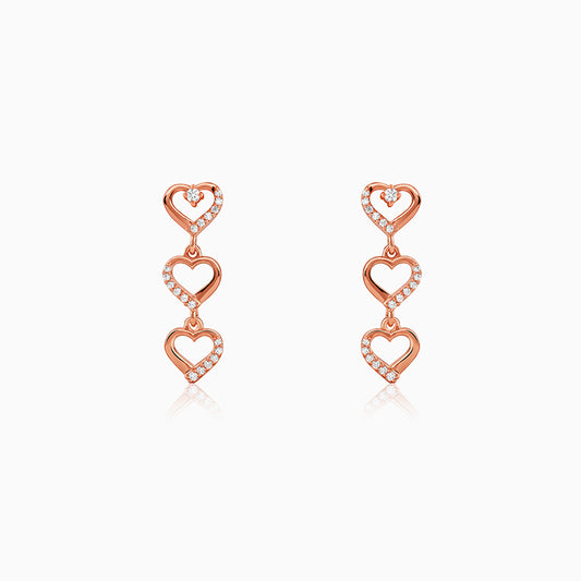 Rose Gold Triple Heart Dangler Earrings