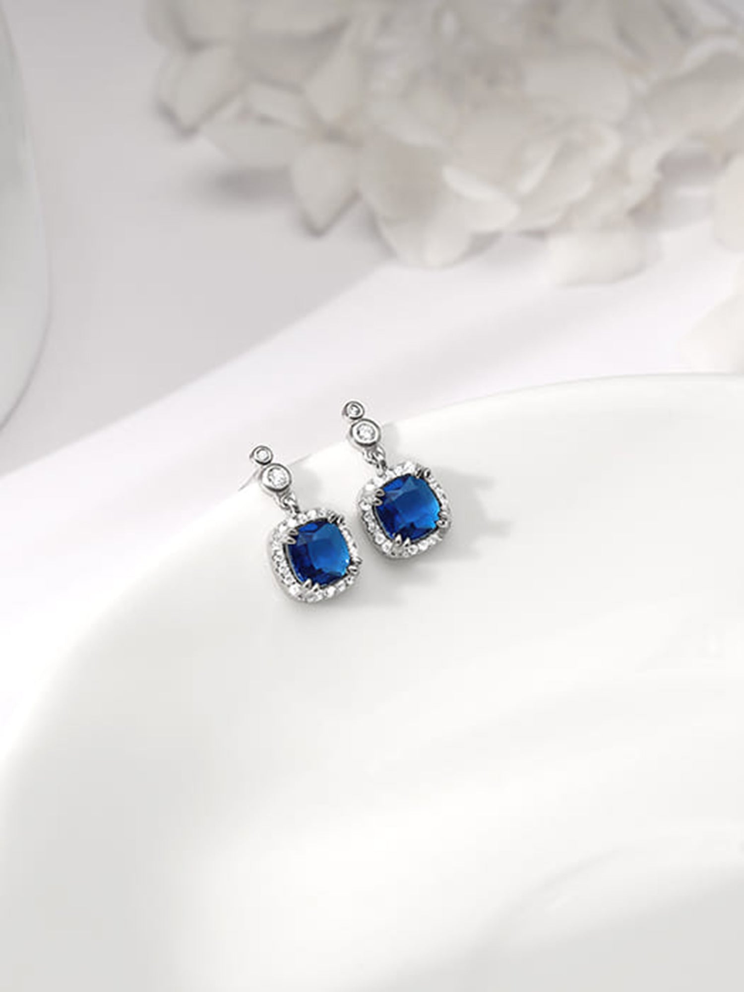 Silver Sapphire Blue Halo Earrings