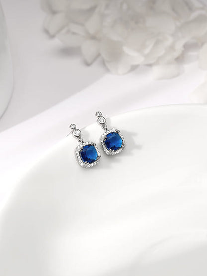 Silver Sapphire Blue Halo Earrings