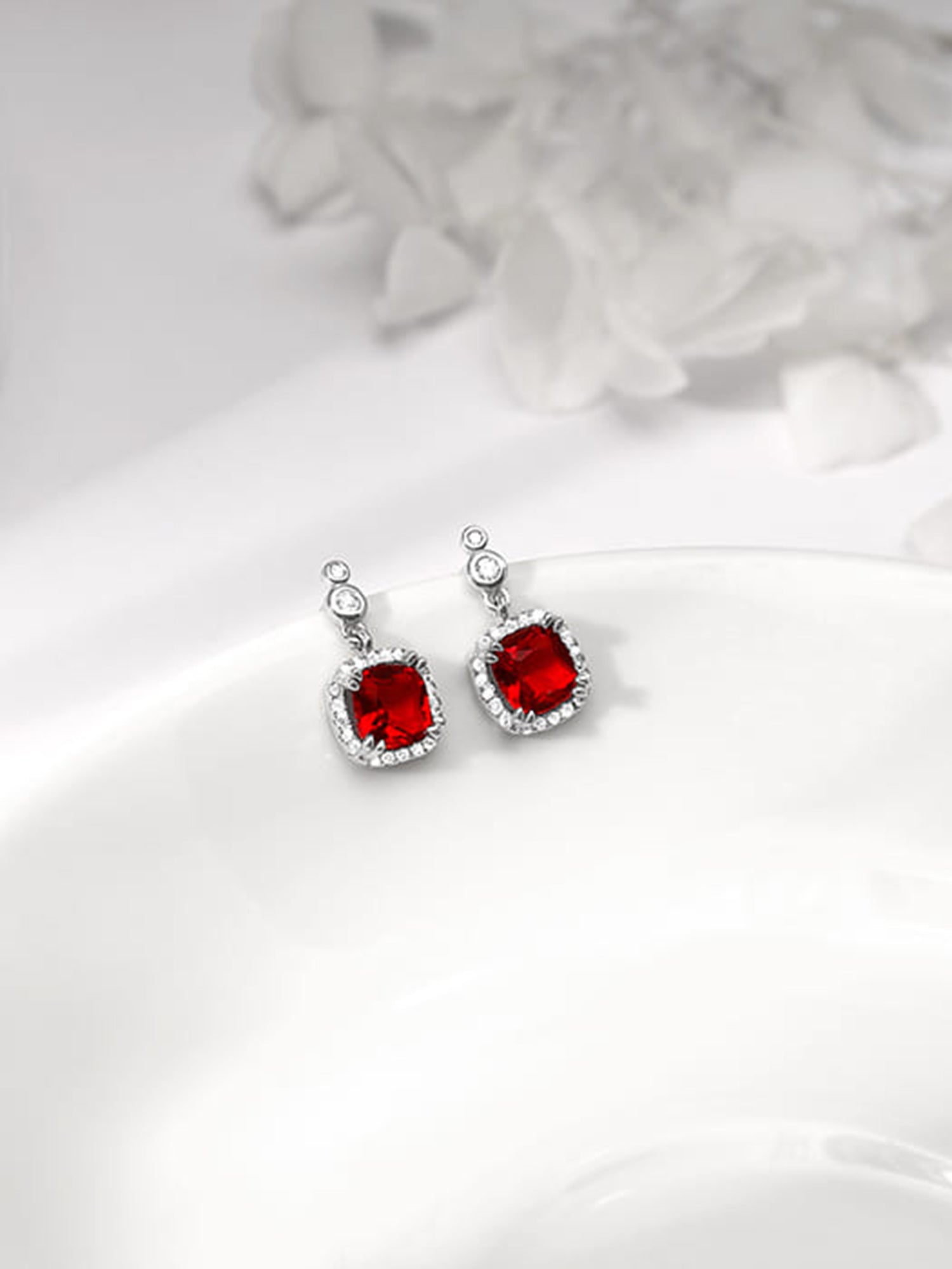 Silver Ruby Red Halo Earrings