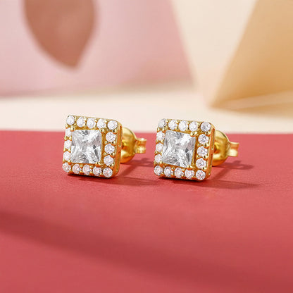 Golden Zircon Square Halo Earrings