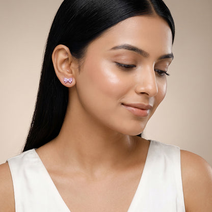 Silver Pink Bow Stud Earrings