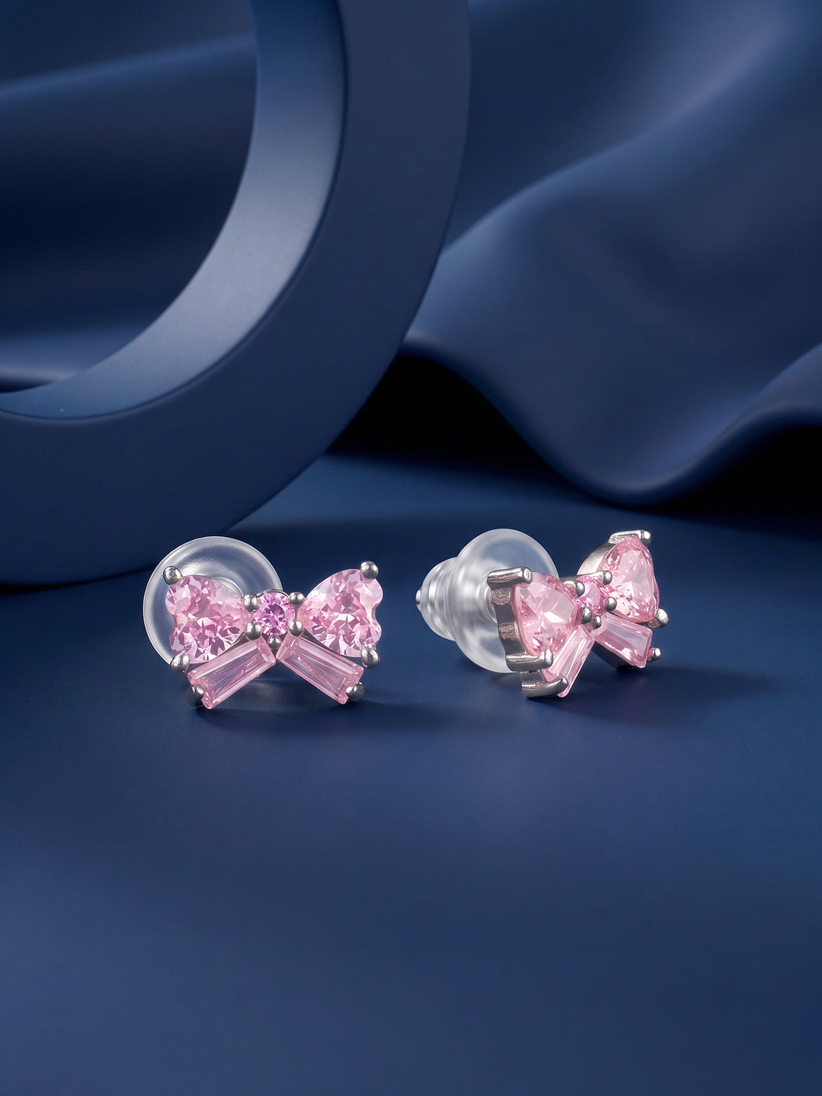 Silver Pink Bow Stud Earrings