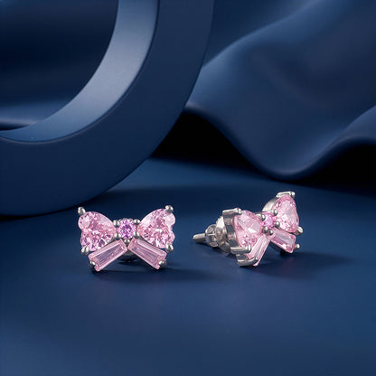 Silver Pink Bow Stud Earrings