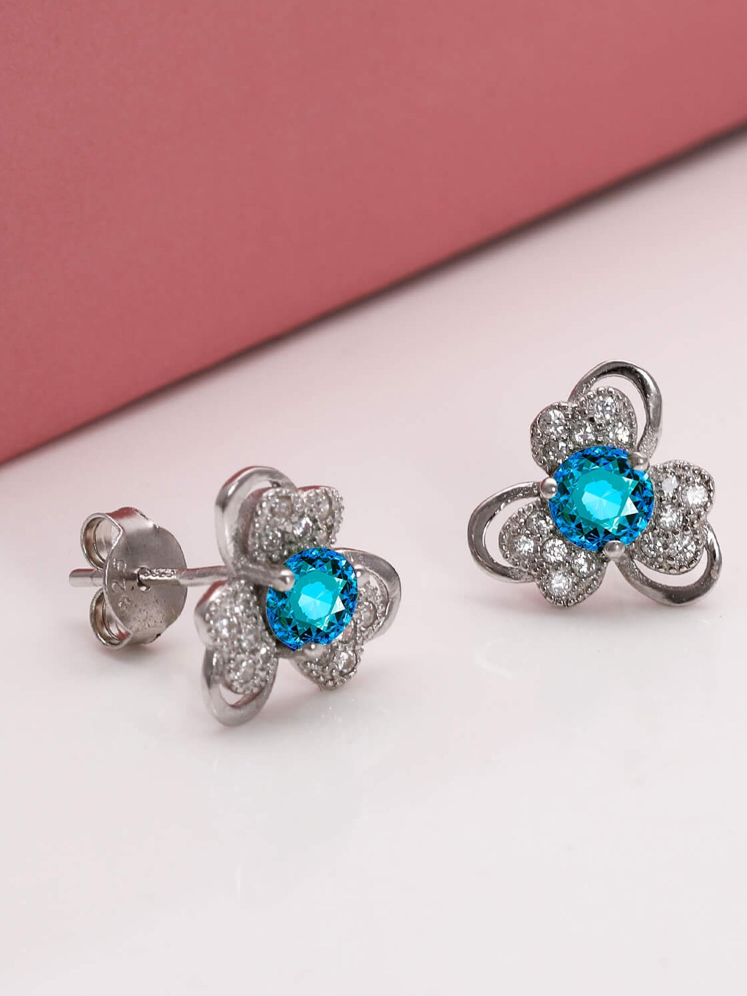 Silver Aqua Blue Flower Earrings