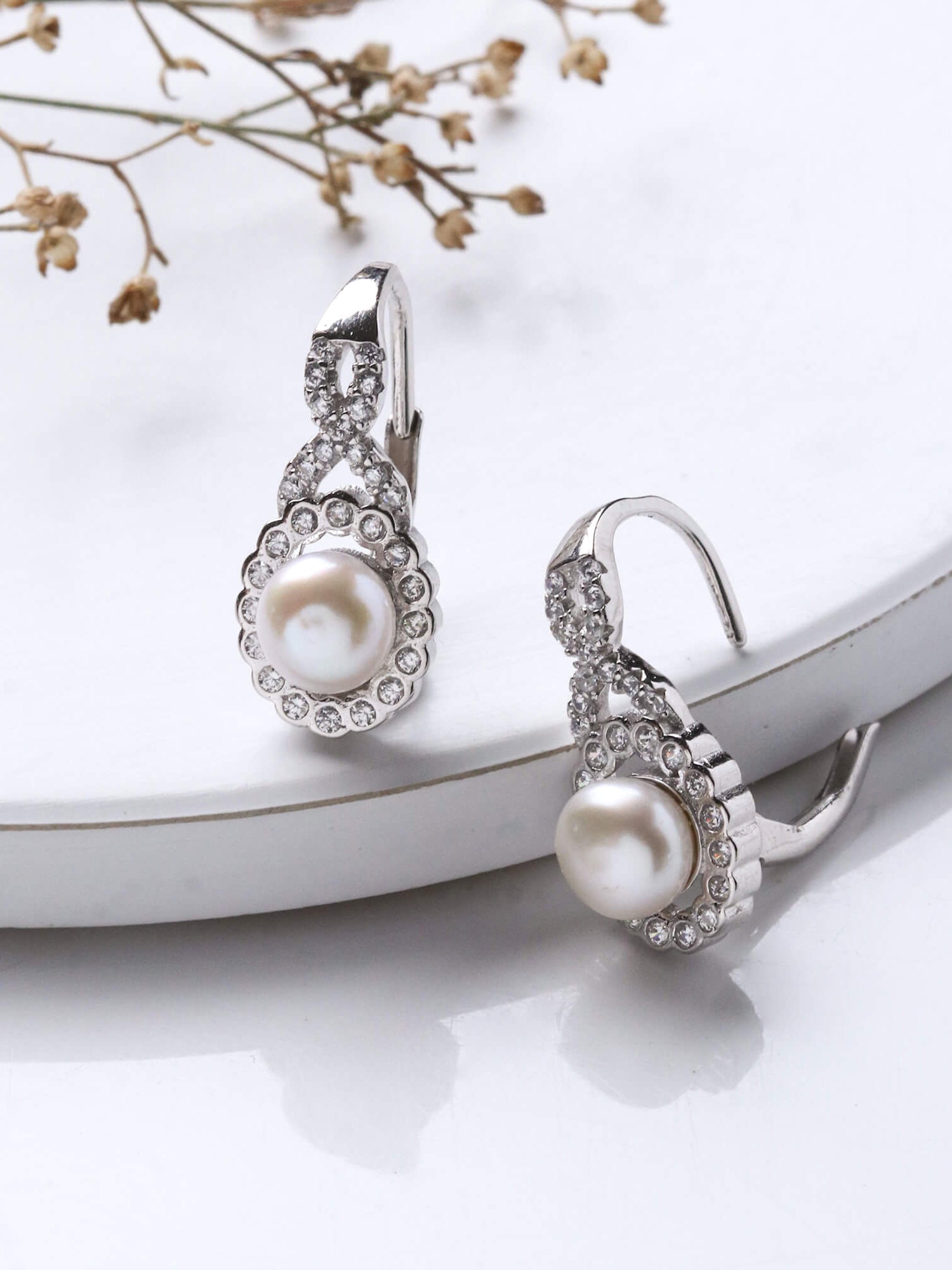 Silver White Pearl Hoop Earrings