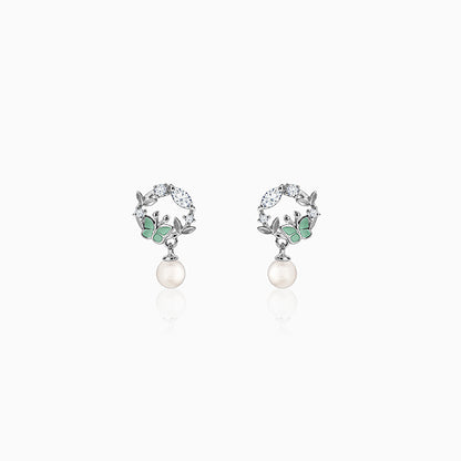 Silver Butterfly Pause Pearl Drop Earrings