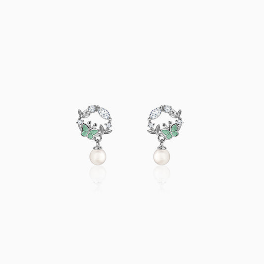 Silver Butterfly Pause Pearl Drop Earrings