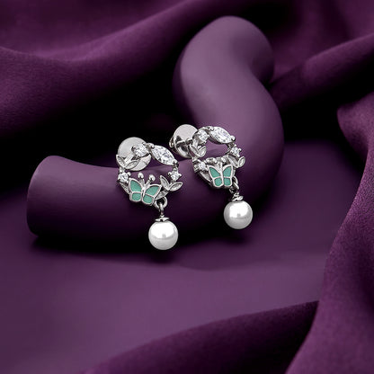 Silver Butterfly Pause Pearl Drop Earrings