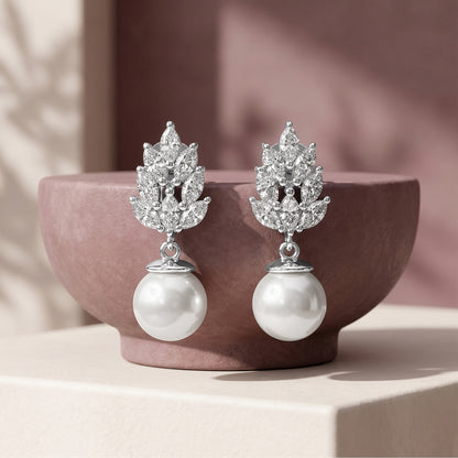 Silver Farrah Drop Pearl Earrings