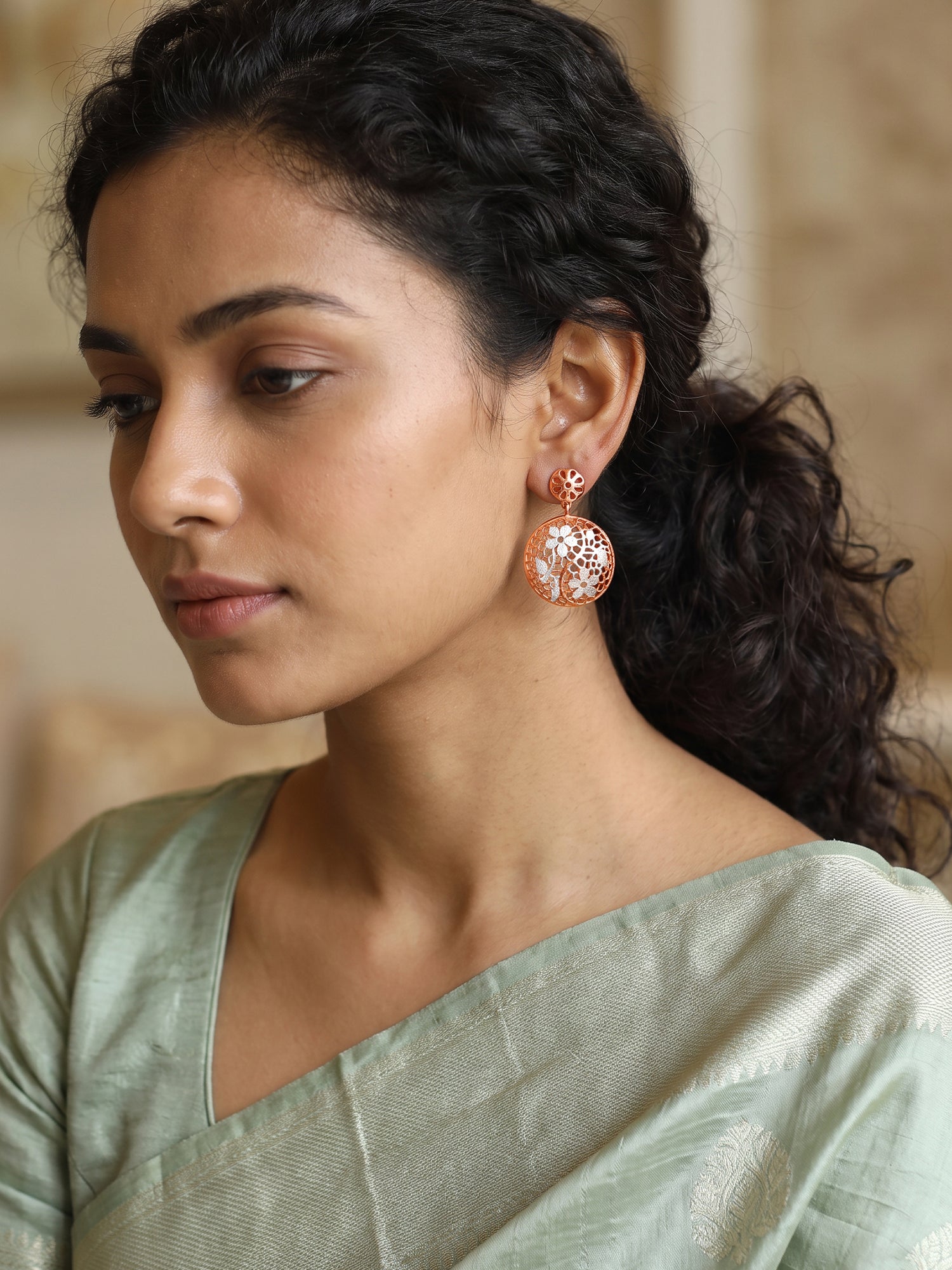 Dual Tone Flower Blush Silver Earrings