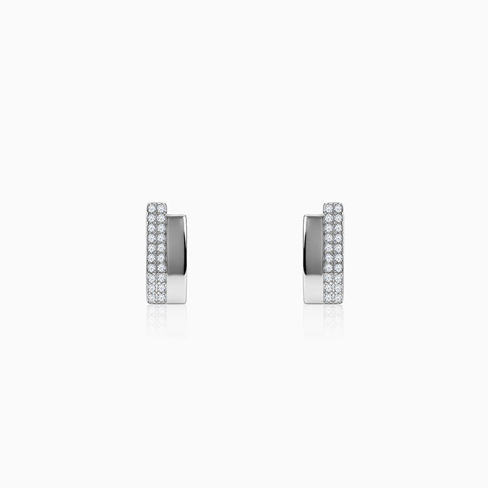 Silver Texture Pave Bar Stud Earrings