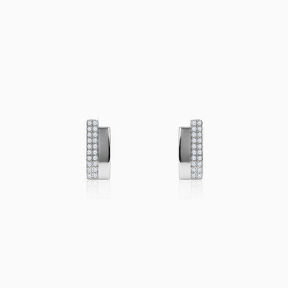 Silver Texture Pave Bar Stud Earrings