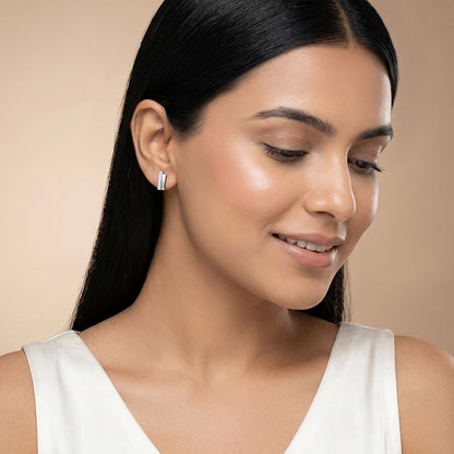 Silver Texture Pave Bar Stud Earrings