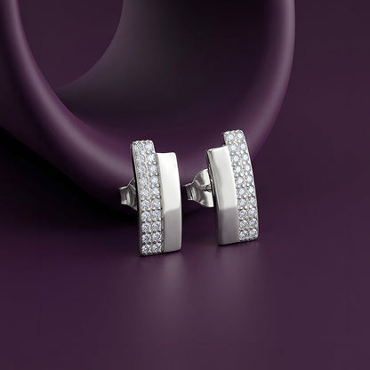 Silver Texture Pave Bar Stud Earrings