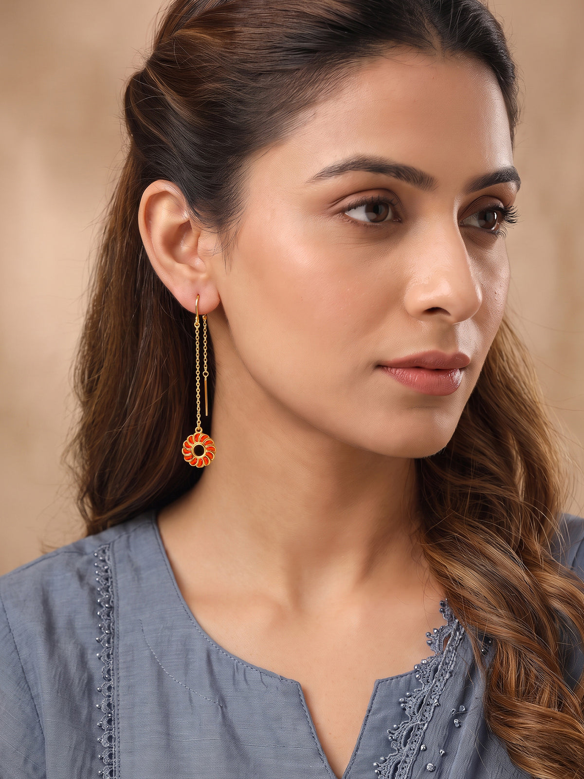 Golden Kesari Jalebi Sui Dhaga Earrings