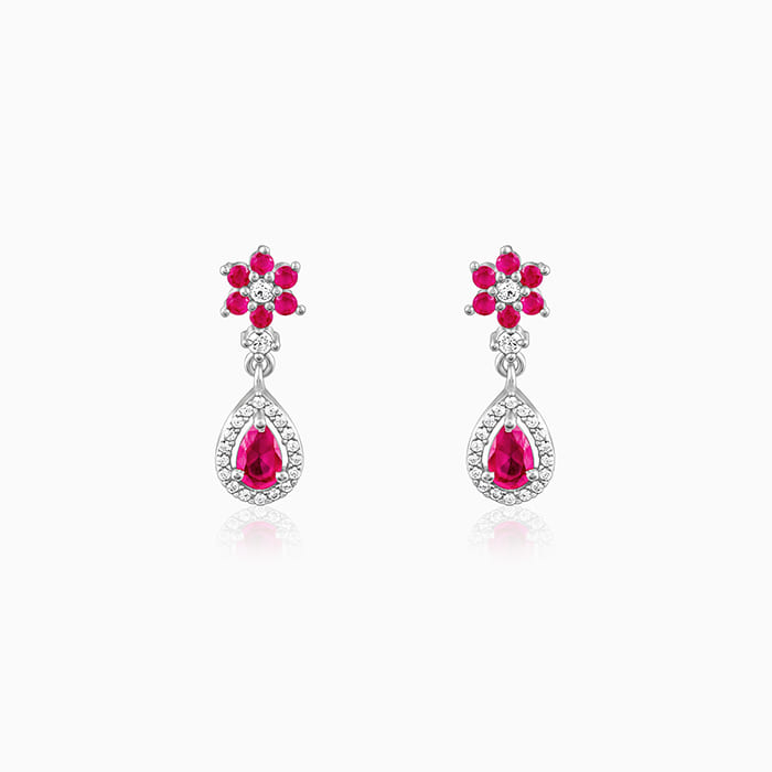 Silver Pink Flower Mini Drop Earrings