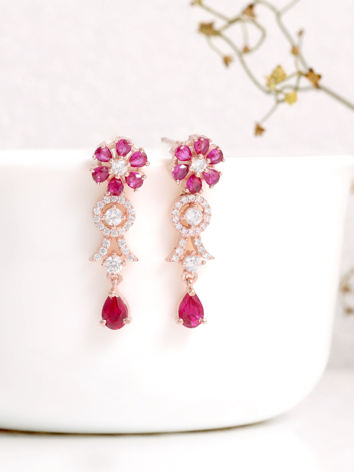 Rose Gold Zircon Pink Flower Drop Danglers