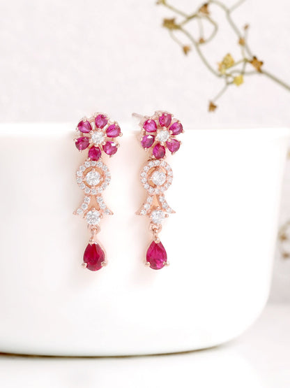 Rose Gold Zircon Pink Flower Drop Danglers