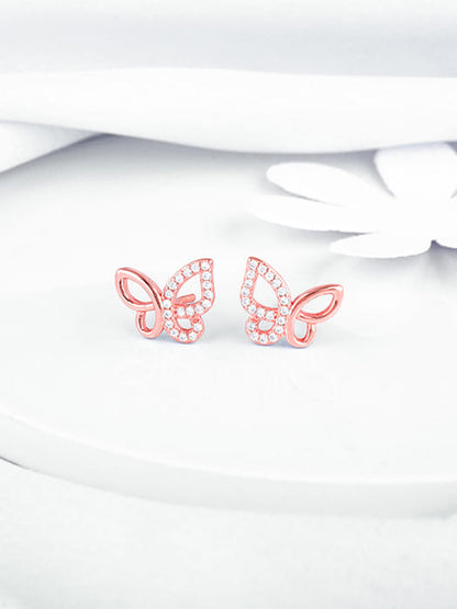 Rose Gold Zircon-Studded Butterfly Earrings