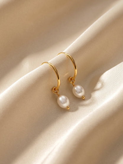 Golden Pearl Drop Hoops