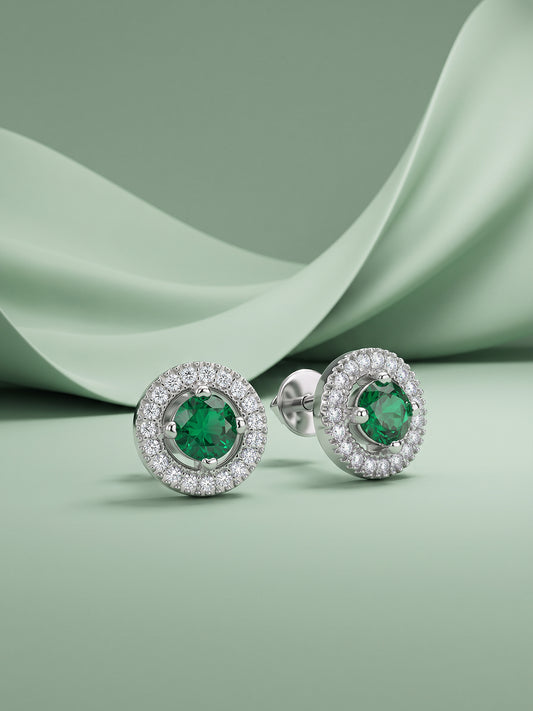 Silver Forest Green Shining Halo Studs