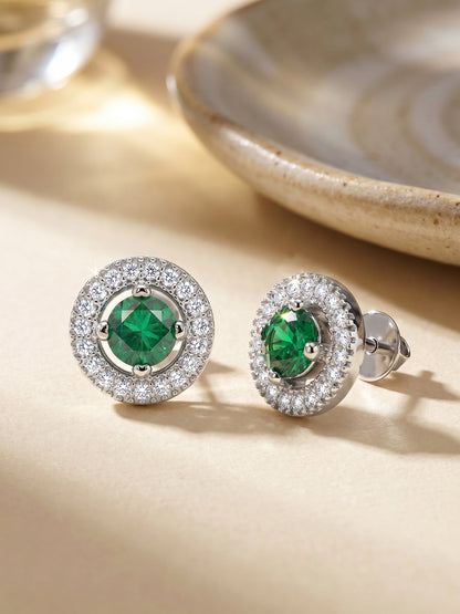 Silver Forest Green Shining Halo Studs