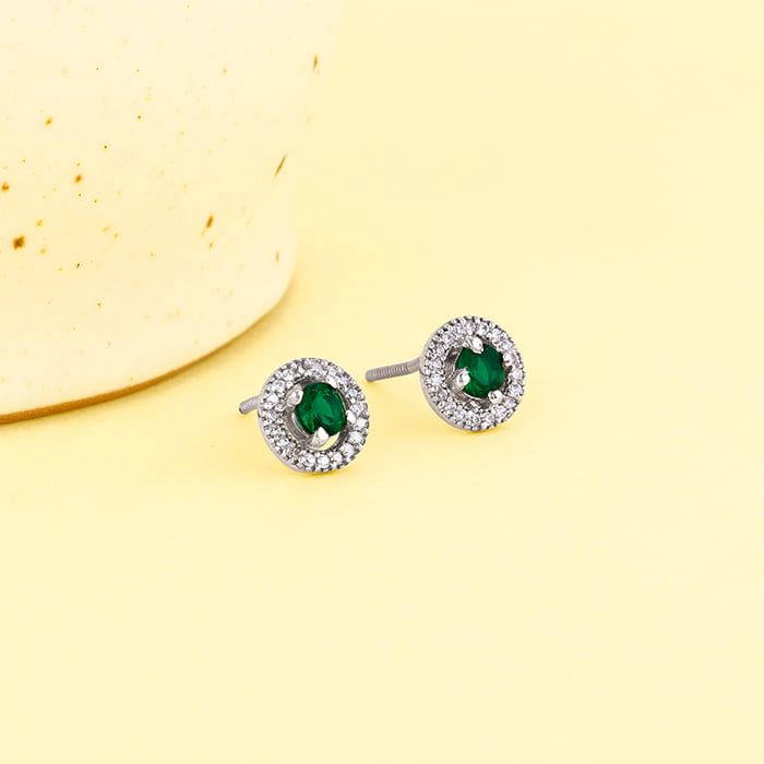 Silver Forest Green Shining Halo Studs
