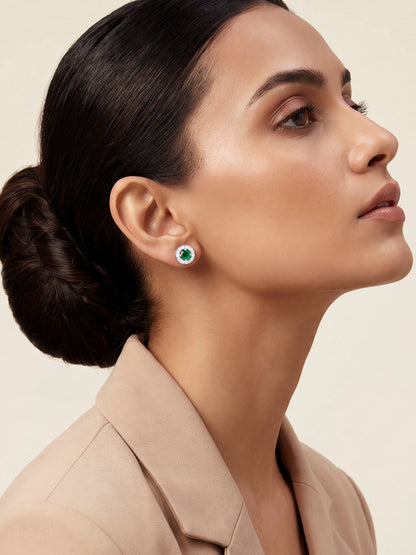 Silver Forest Green Shining Halo Studs