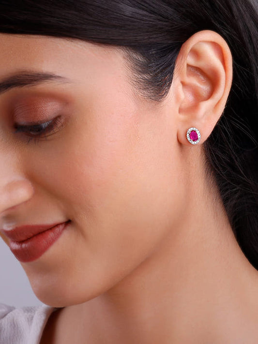 Silver Pink Oval Halo Studs