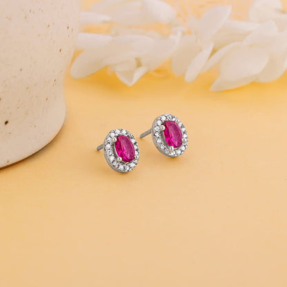 Silver Pink Oval Halo Studs