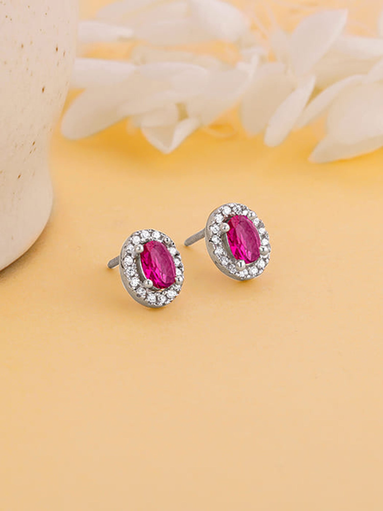 Silver Pink Oval Halo Studs