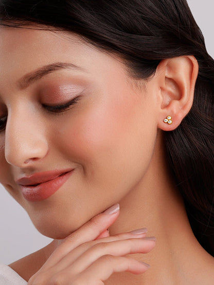 Golden Three-Stoned Stud  Earrings