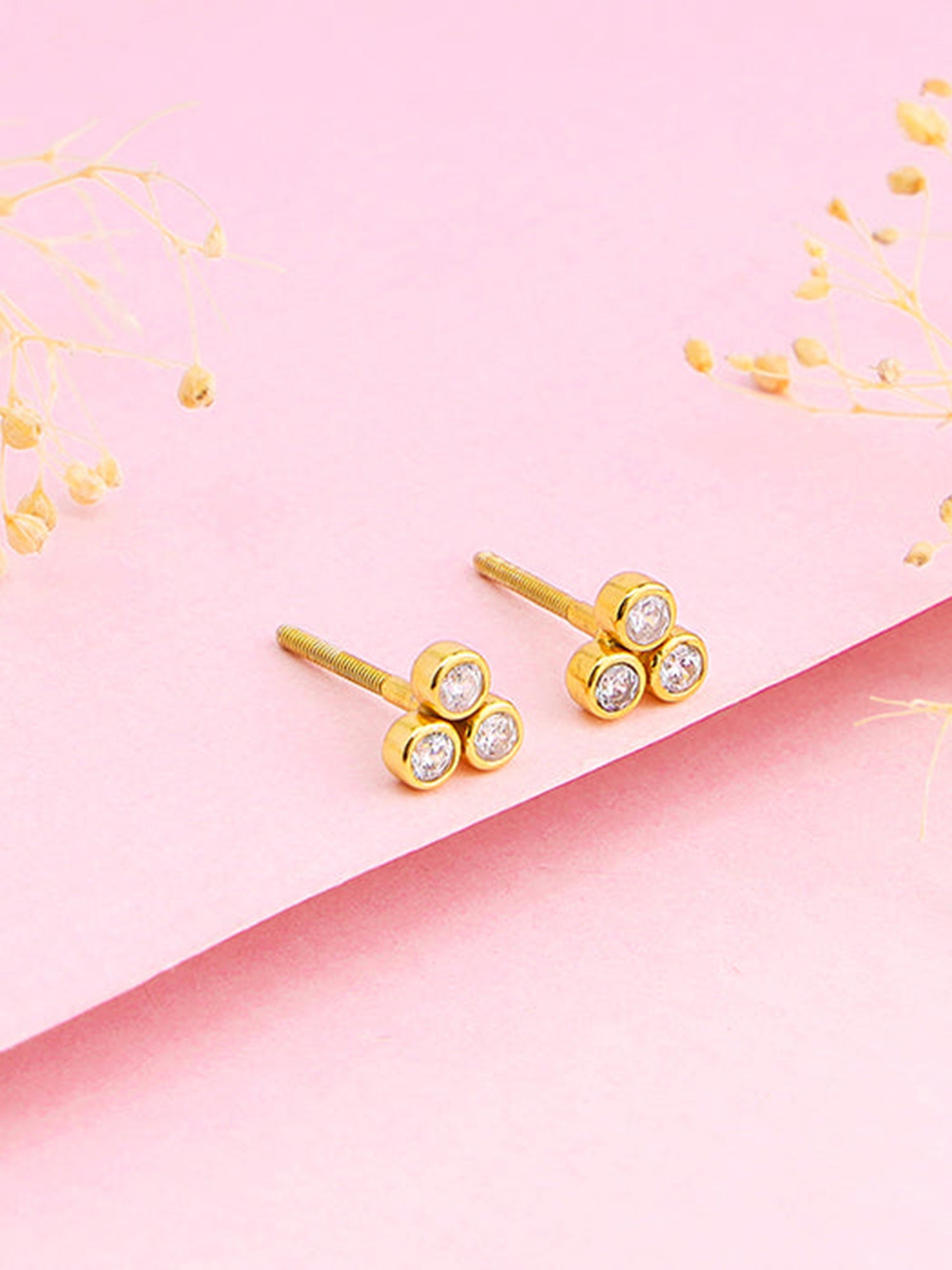 Golden Three-Stoned Stud  Earrings