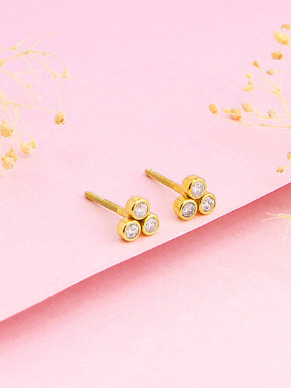 Golden Three-Stoned Stud  Earrings