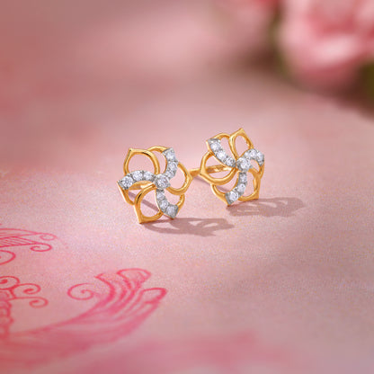 Gold Camellia Floral Lab Grown Diamond Earrings