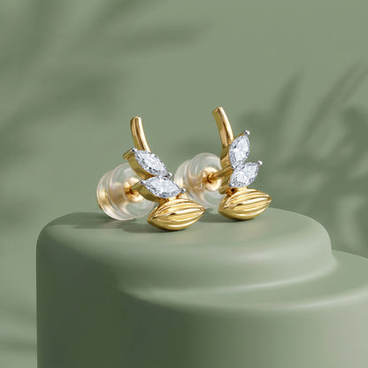 Gold Shinny Feather Lab Grown Diamond Earrings