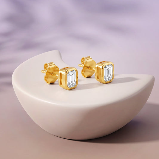 Gold Emerald Bezel Lab Grown Diamond Earrings