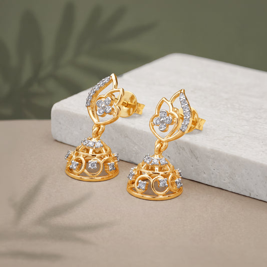 Gold Floral Crest Lab Grown Diamond Jhumkas
